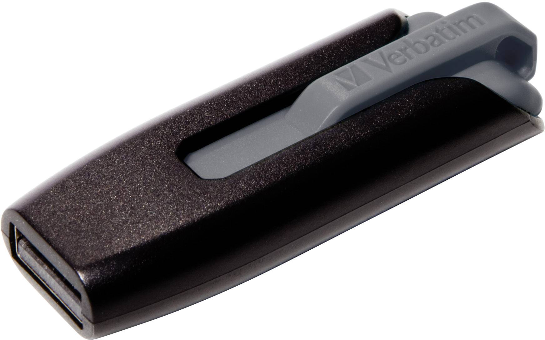Ein schwarzer USB-Stick mit grauem Schieber, markiert mit 'Verbatim'. Geeignet zur Datenspeicherung und Tragbarkeit.