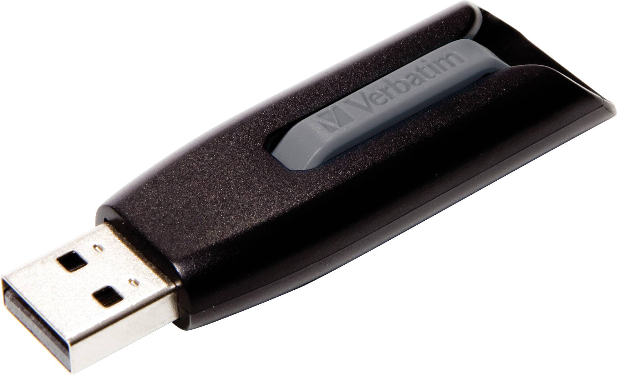 Ein schwarzer USB-Stick mit grauem Gehäuse der Marke Verbatim, geeignet zum Speichern und Übertragen digitaler Dateien.