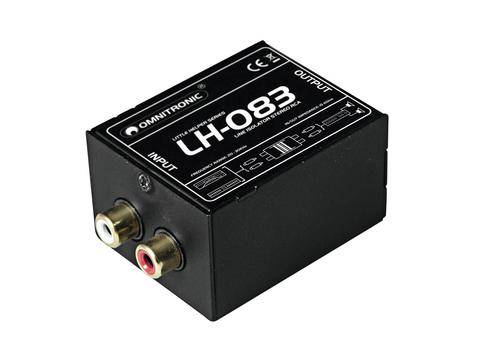 Ein schwarzer Audiokonverter mit Beschriftungen 'INPUT' und 'OUTPUT' sowie Markenname 'Omnitronic LH-083', zeigt Eingangs- und Ausgangsanschlüsse.