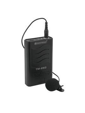 Ein schwarzes Funkmikrofon mit einer Klammer, einem Kabel und einem Mikrofonaufsatz. Modellnummer 'TM-250' ist sichtbar.