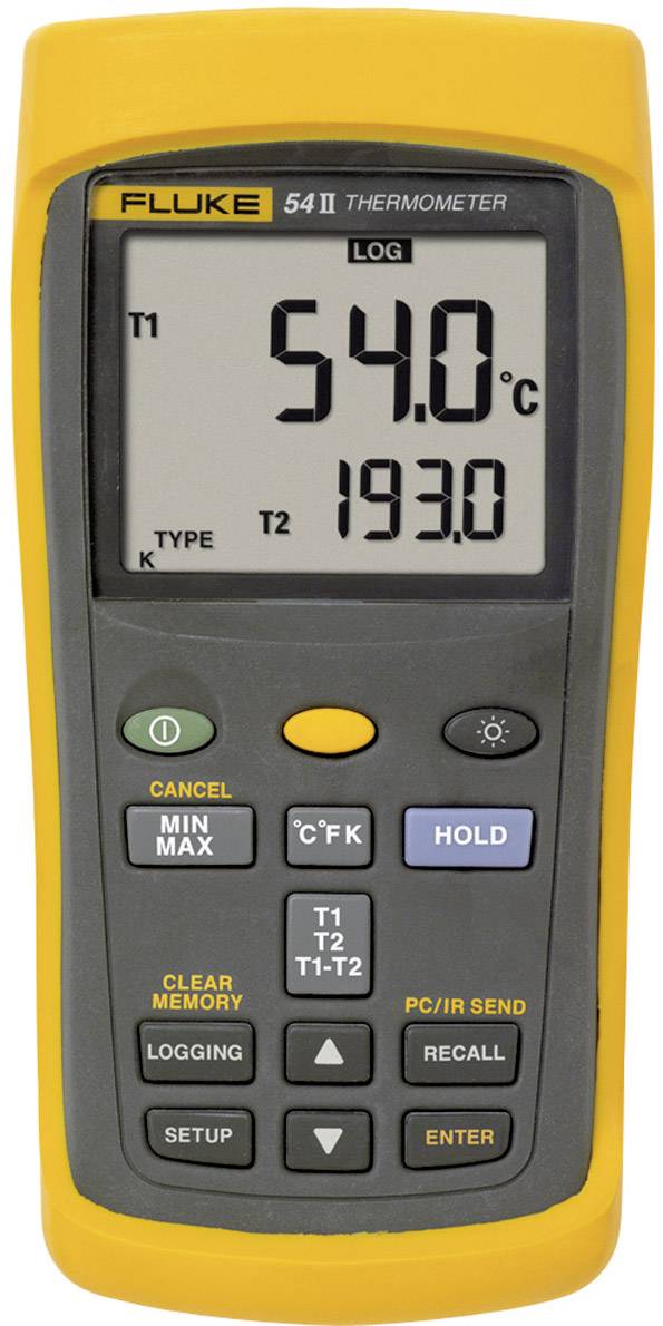 Digitales Thermometer zeigt eine Temperatur von 54,0°C an. T2-Wert beträgt 193.0. Gerät hat mehrere Bedienelemente und ein gelbes Gehäuse.