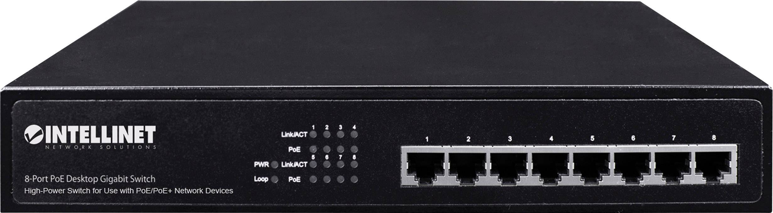 Schwarzer 8-Port PoE-Netzwerk-Switch von Intellinet, geeignet für PoE/PoE+ Netzwerkgeräte. Vorderseite mit Ethernet-Ports und LEDs.
