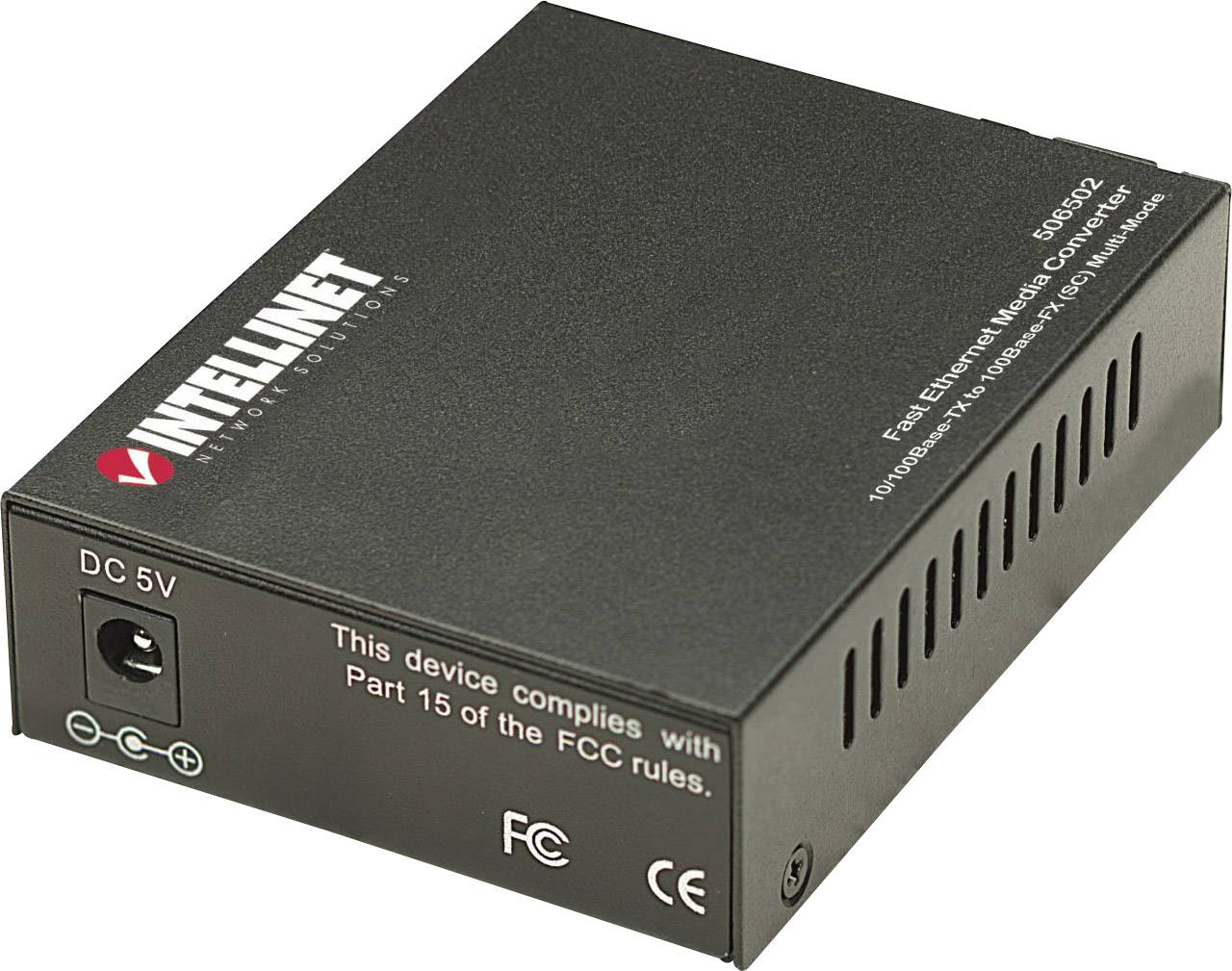 Schwarzer Intellinet Medienkonverter mit Aufschrift 'Dieser Gerät erfüllt Teil 15 der FCC-Bestimmungen'. Ethernet- und Stromanschlüsse.