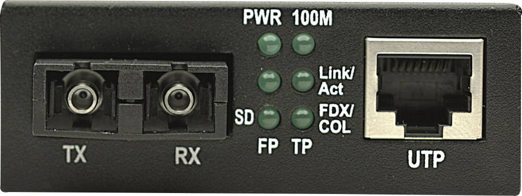 Medienkonverter mit Faseranschlüssen links und RJ45-Netzwerkanschluss rechts; Status-LEDs für Strom, Verbindung und Aktivität.