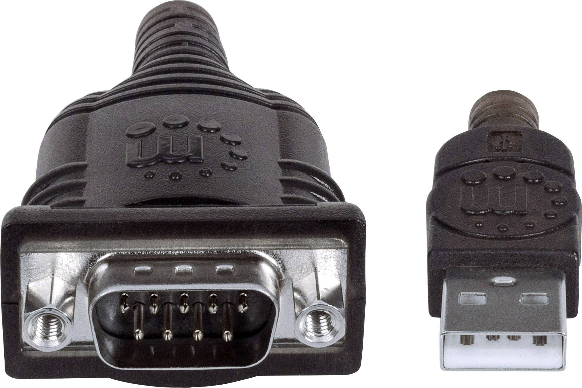 Ein serieller DB9-Stecker verbunden mit einem USB-A-Stecker, verwendet für serielle Schnittstellenkonvertierung.