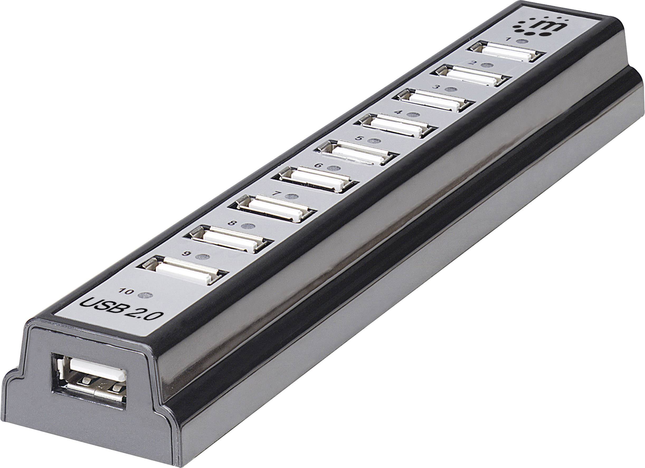 USB 2.0 Hub mit zehn Anschlüssen in schwarzem Gehäuse, bietet erweiterte Verbindungsmöglichkeiten für mehrere Geräte.