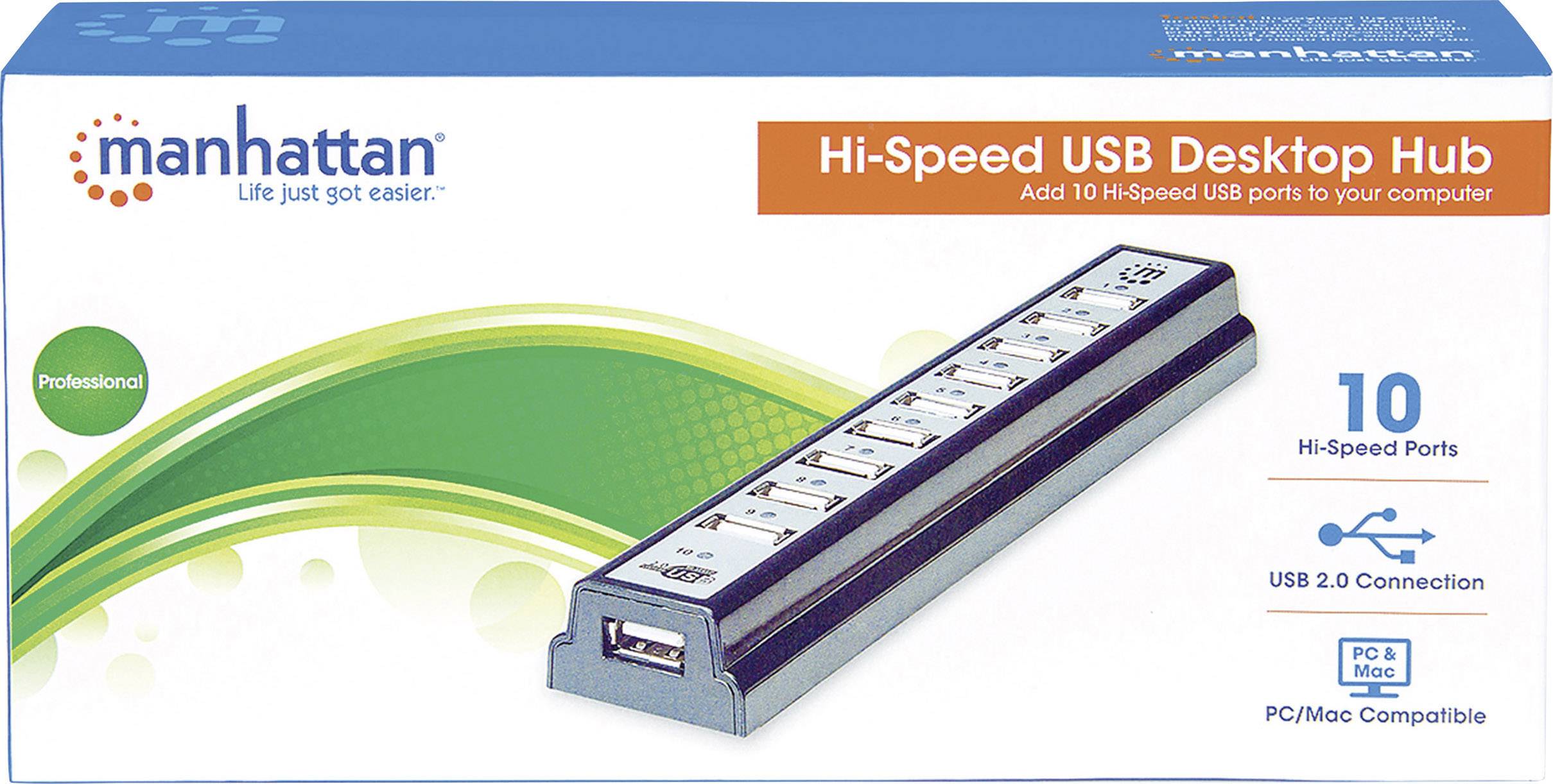 'Manhattan Hi-Speed USB Desktop Hub' mit 10 High-Speed-Ports, USB 2.0-Verbindung, kompatibel mit PC und Mac, grüne Designakzente.