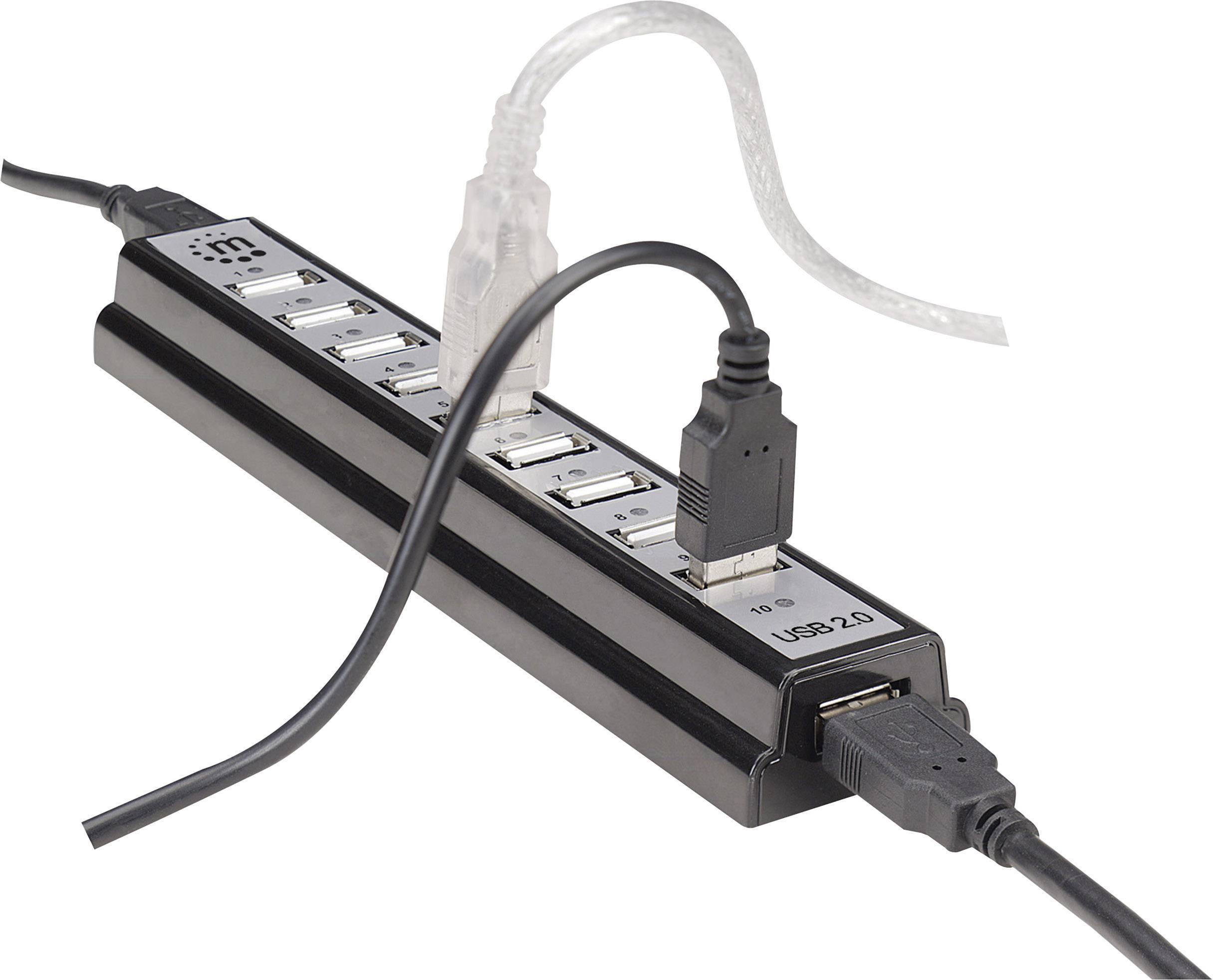 Ein USB-Hub mit mehreren Anschlüssen, an dem zwei Kabel angeschlossen sind. Der Hub ist beschriftet mit 'USB 2.0'.