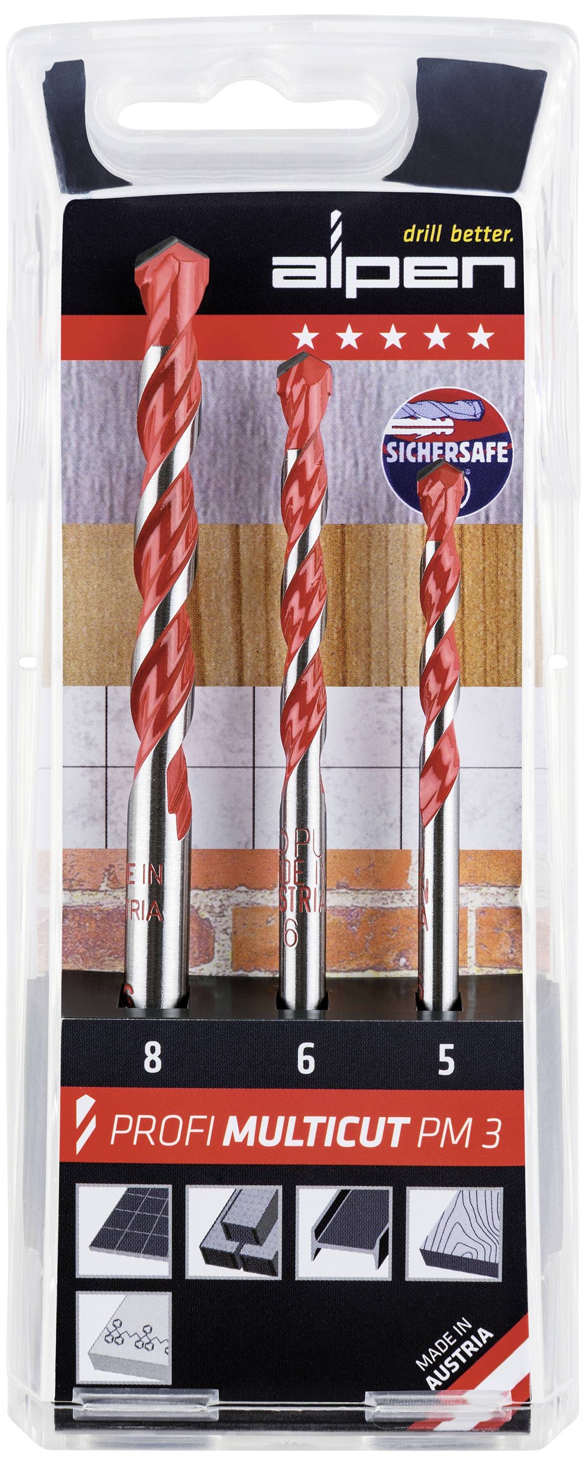 Set aus drei rot-silbernen Bohrern der Marke Alpen, Größe 8, 6, 5 mm. Geeignet für Fliesen, Naturstein und Ziegelwände.