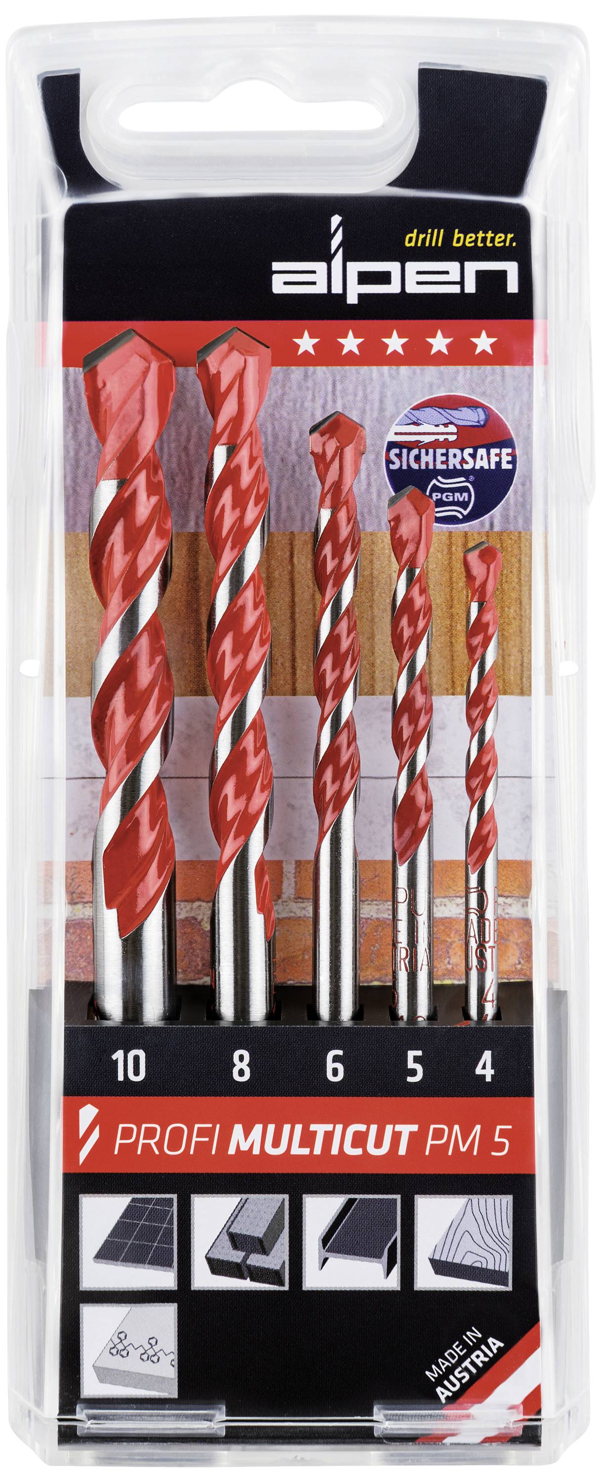 Alpen MultiCut 100705100 Hartmetall Mehrzweckbohrer-Set 5teilig 4 mm, 5 mm, 6 mm, 8 mm, 10mm Zylinderschaft 1 Set