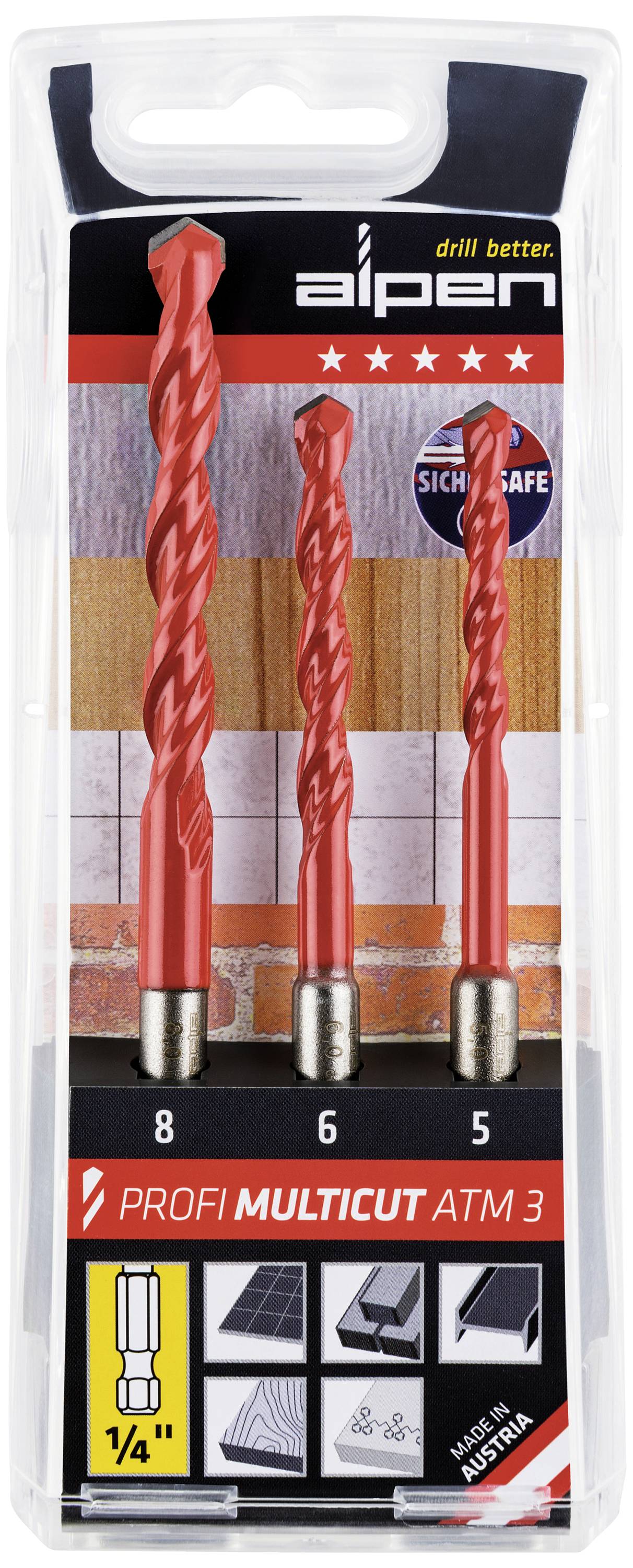 Drei rote Bohrer in Plastikverpackung, markiert mit 'Profi Multicut ATM 3'. Größen: 8, 6, 5 mm. Geeignet für verschiedene Materialien.