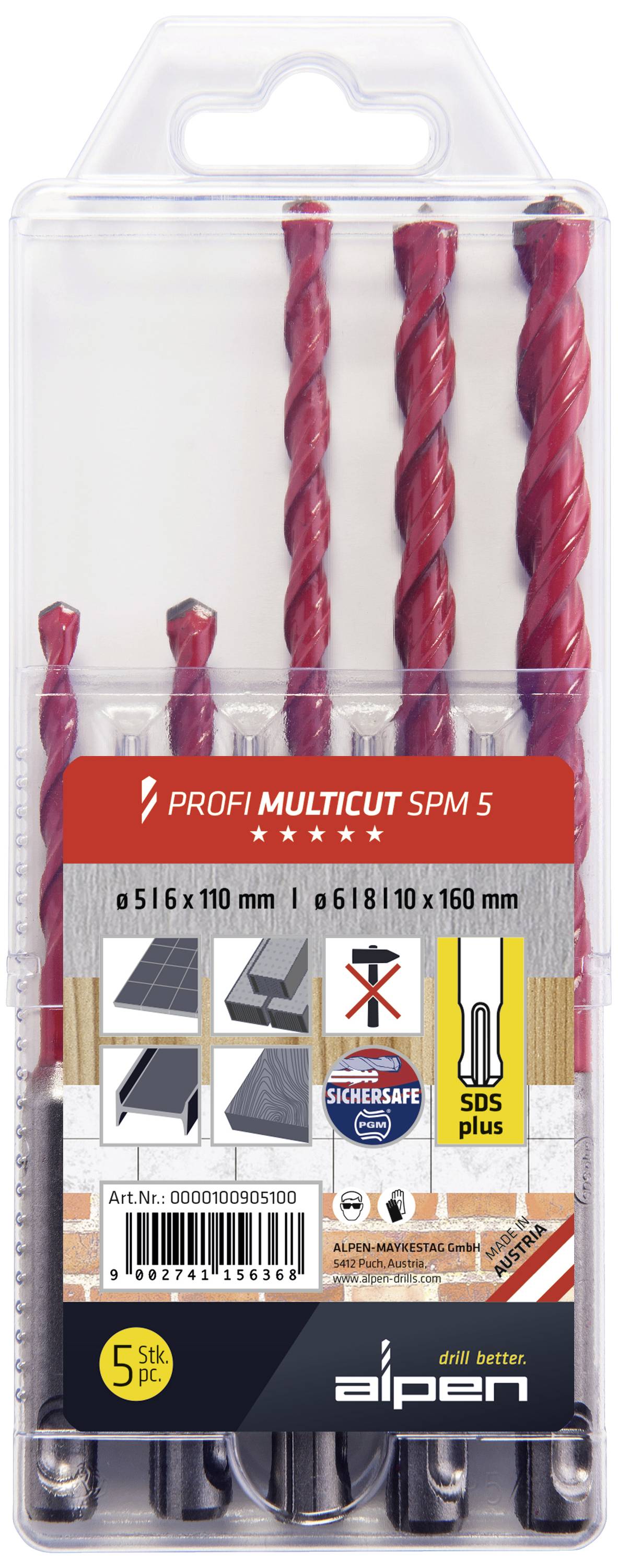 Alpen MultiCut 100905100 Hartmetall Mehrzweckbohrer-Set 5teilig 5 mm, 6 mm, 8 mm, 10mm SDS-Plus 1 Set