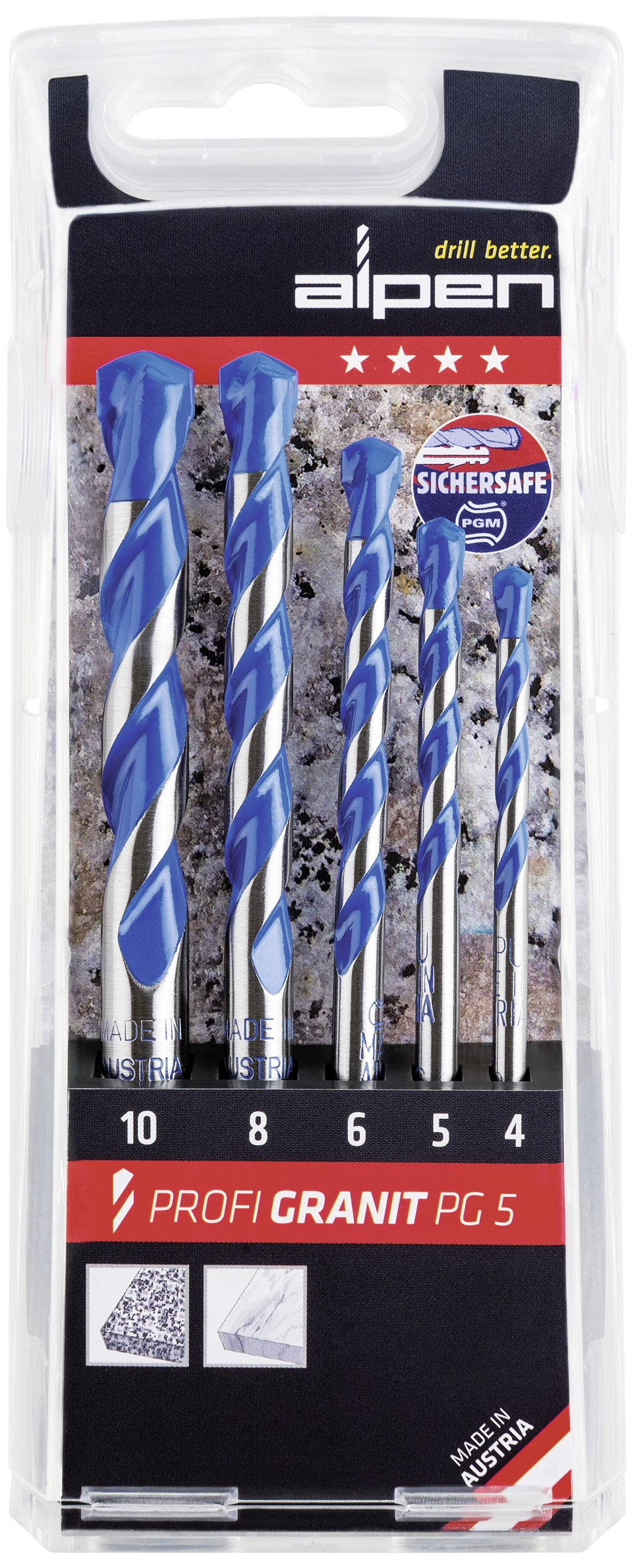 Bohrer-Set mit fünf blauen und silbernen Bohrern in Größen von 4 bis 10. Verpackung mit Aufschrift 'Profi Granit PG 5'.