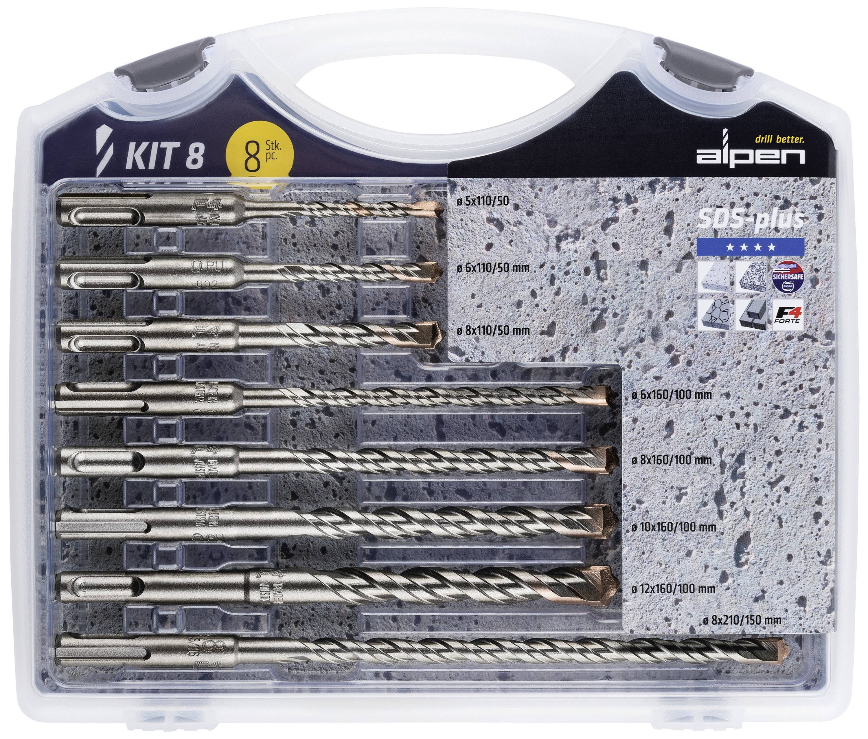 Bohrer-Set SDS-plus von Alpen, 8-teilig für Steinbearbeitung, in Plastikverpackung. Geeignet für Hammerbohrmaschinen, verschiedene Größen.
