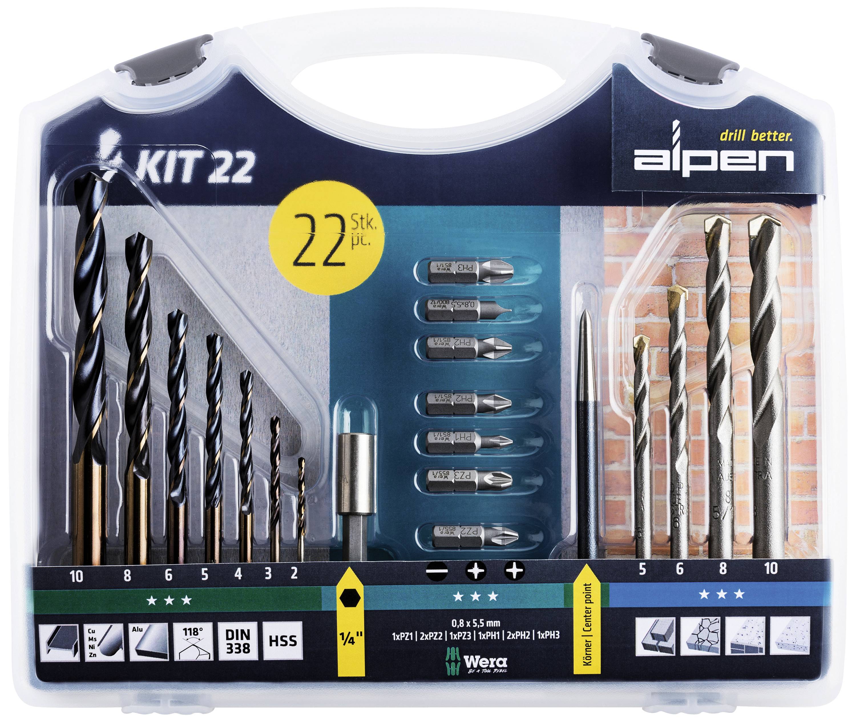 Bohrerset 'KIT 22' von Alpen, enthält diverse Bohrer und Bits in Plastikverpackung. Enthält 22 Stück, geeignet für verschiedene Anwendungen.