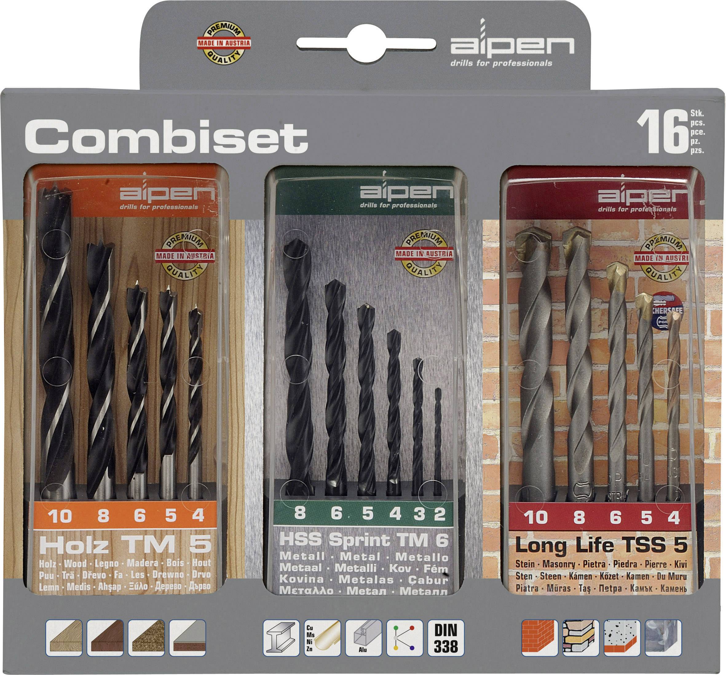 Bohrerset 'Combiset' für Holz, Metall und Stein. Enthält 16 Stück in unterschiedlichen Größen, verpackt in drei Kategorien.