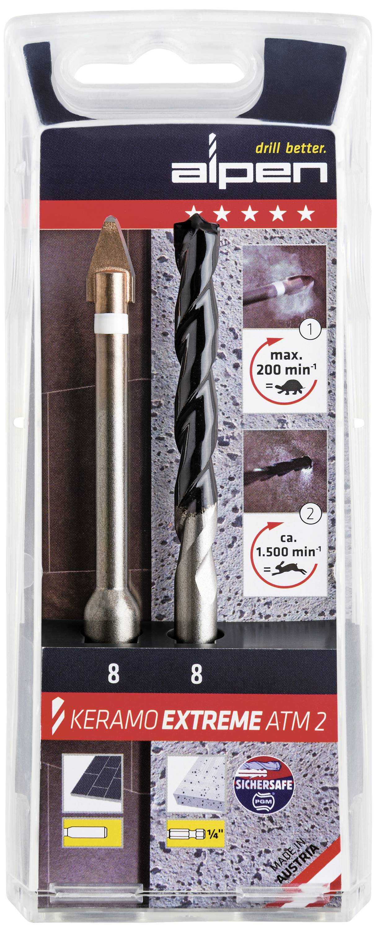 Bohrerset-Verpackung, zwei Bohrer für Keramik und Beton. Markentext und Symbole zeigen Produktfähigkeit. Auf der Verpackung: 'Keramo Extreme ATM 2'.