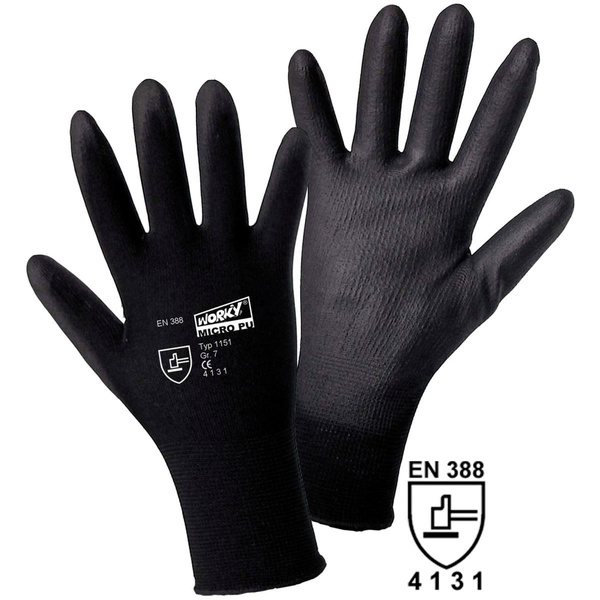 Worky L+D MICRO black Nylon-PU 1151-M Nylon Arbeitshandschuh Größe (Handschuhe): 8, M EN 388 CAT II