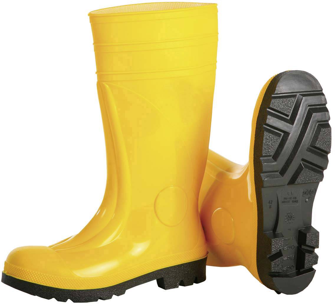 Gelbe Gummistiefel mit schwarzer Sohle, paarweise gezeigt. Einer steht aufrecht, der andere ist auf der Seite liegend zu sehen.