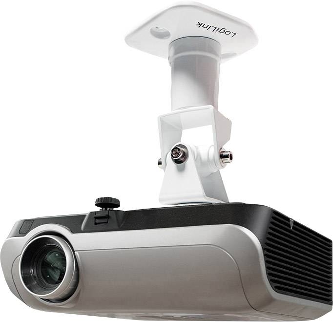 Ein Beamer, der an einer Deckenhalterung befestigt ist, zeigt das Logo 'LogiLink'. Der Fokus liegt auf der Projektionseinheit und der Halterung.