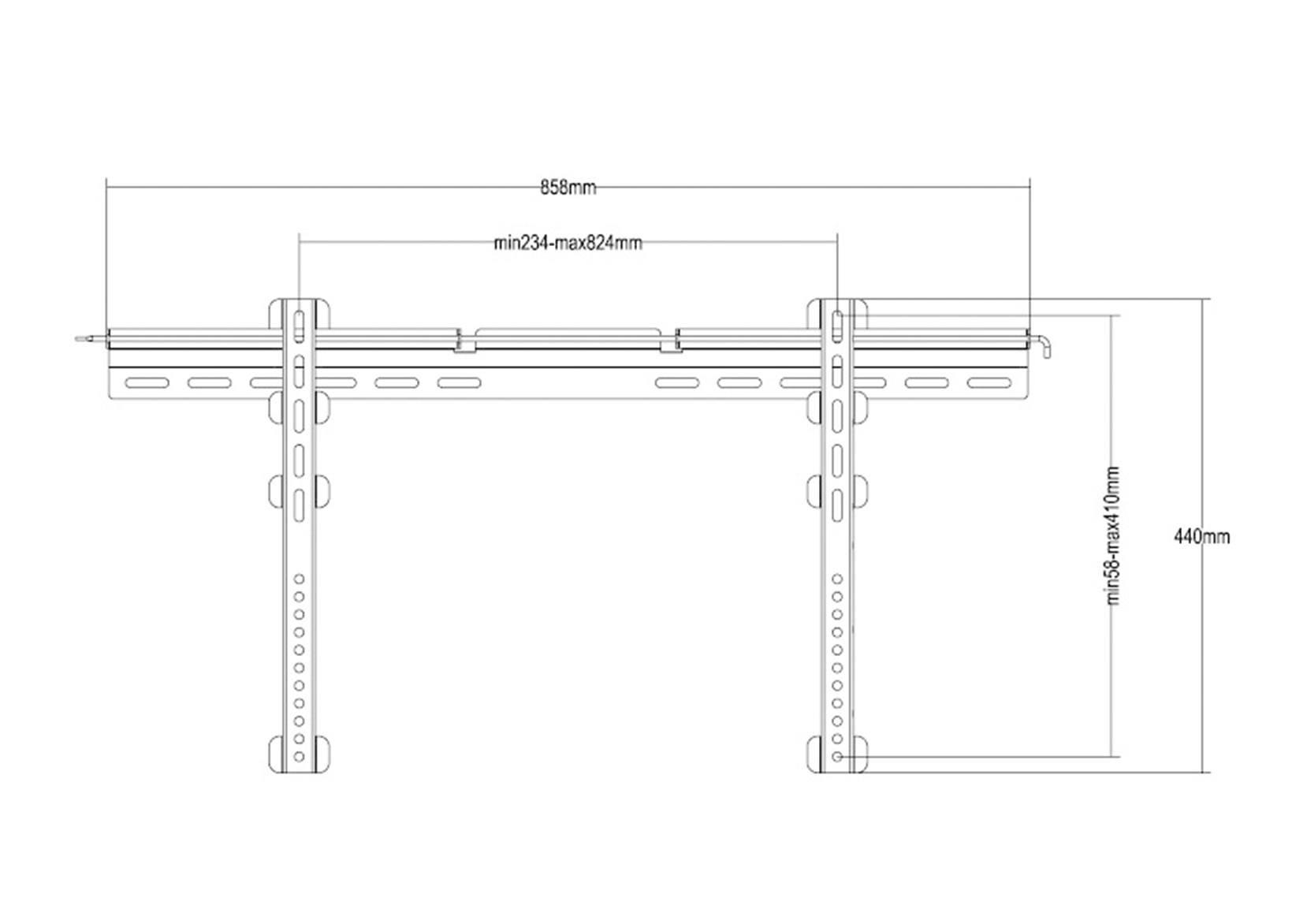 Technische Zeichnung einer Halterung mit Maßen: Breite 858 mm, verstellbare Höhe von 595 bis 1010 mm, Tiefe zwischen 234 und 324 mm.