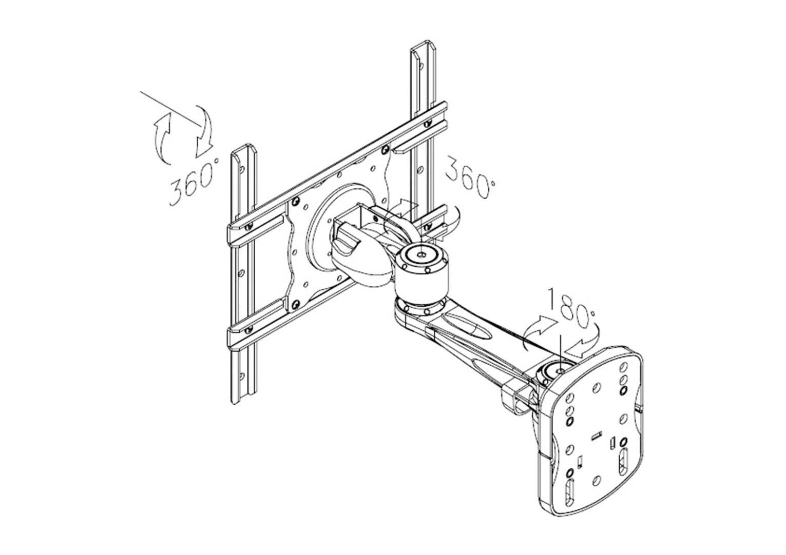 Abbildung eines schwenkbaren Monitorarms mit 360-Grad-Drehung der Halterung und 180-Grad-Drehung der Verlängerungsstange.
