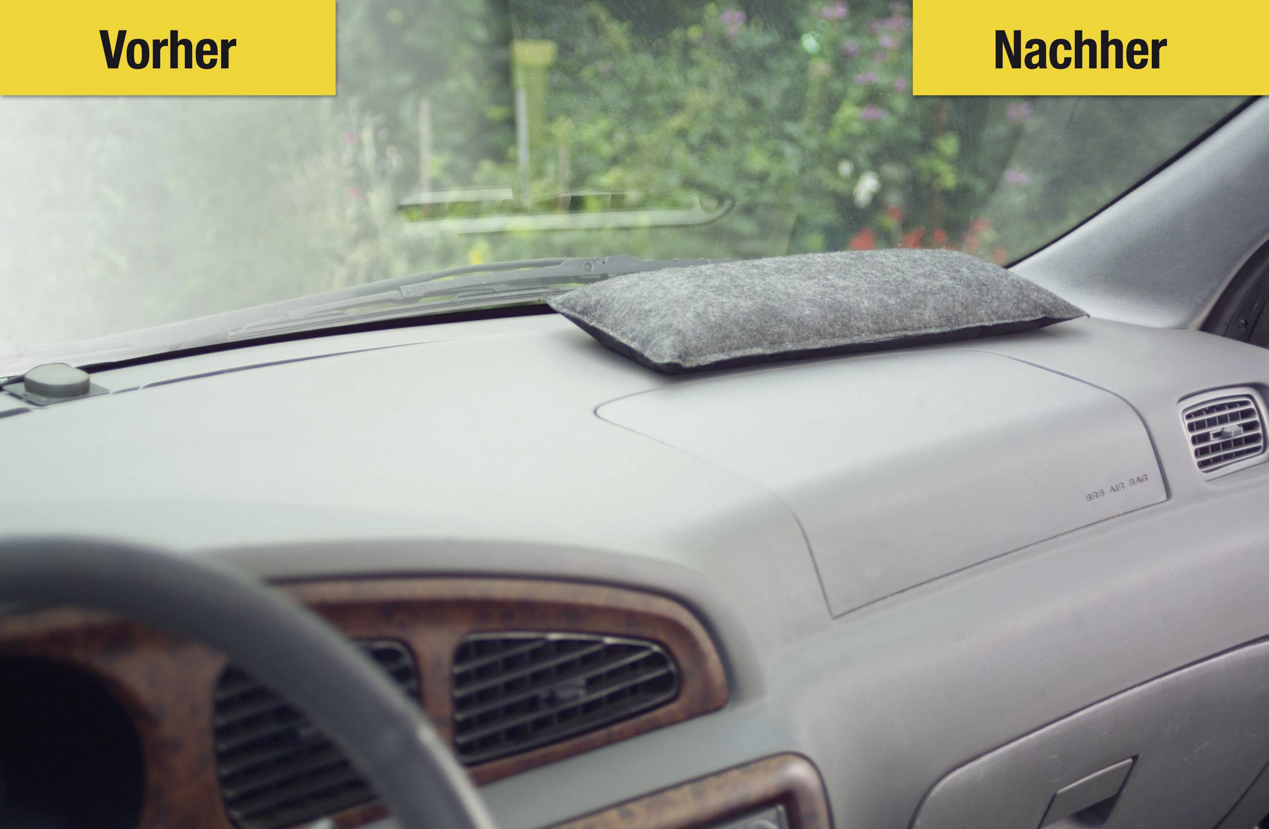 'Vorher-Nachher' Bild zeigt Armaturenbrett im Auto: links staubig, rechts sauber nach Reinigung mit einem Tuch.