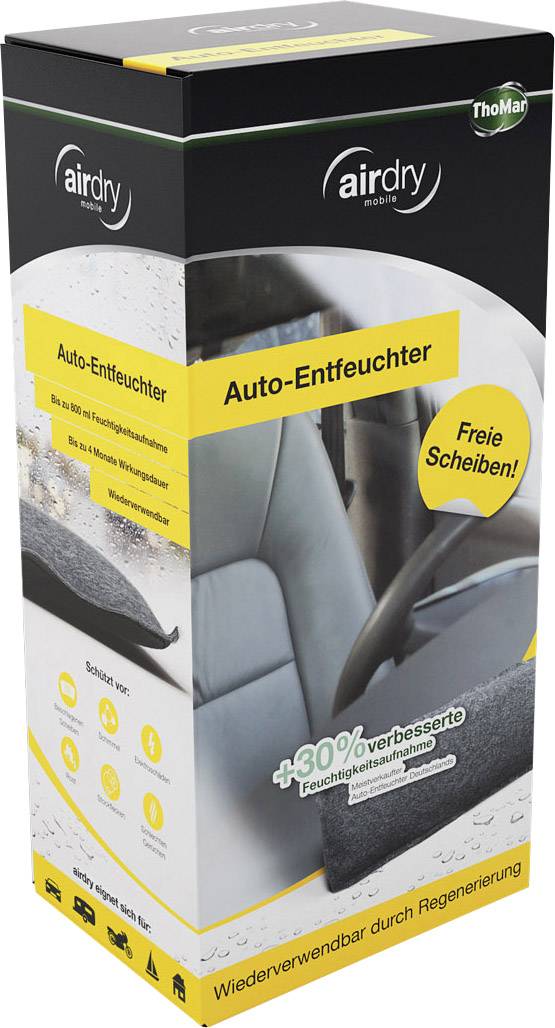 Verpackung eines Auto-Entfeuchters. Auf der Packung steht 'Auto-Entfeuchter', 'Freie Scheiben!', und '+30% verbesserte Feuchtigkeitsaufnahme'. Beutelform abgebildet.