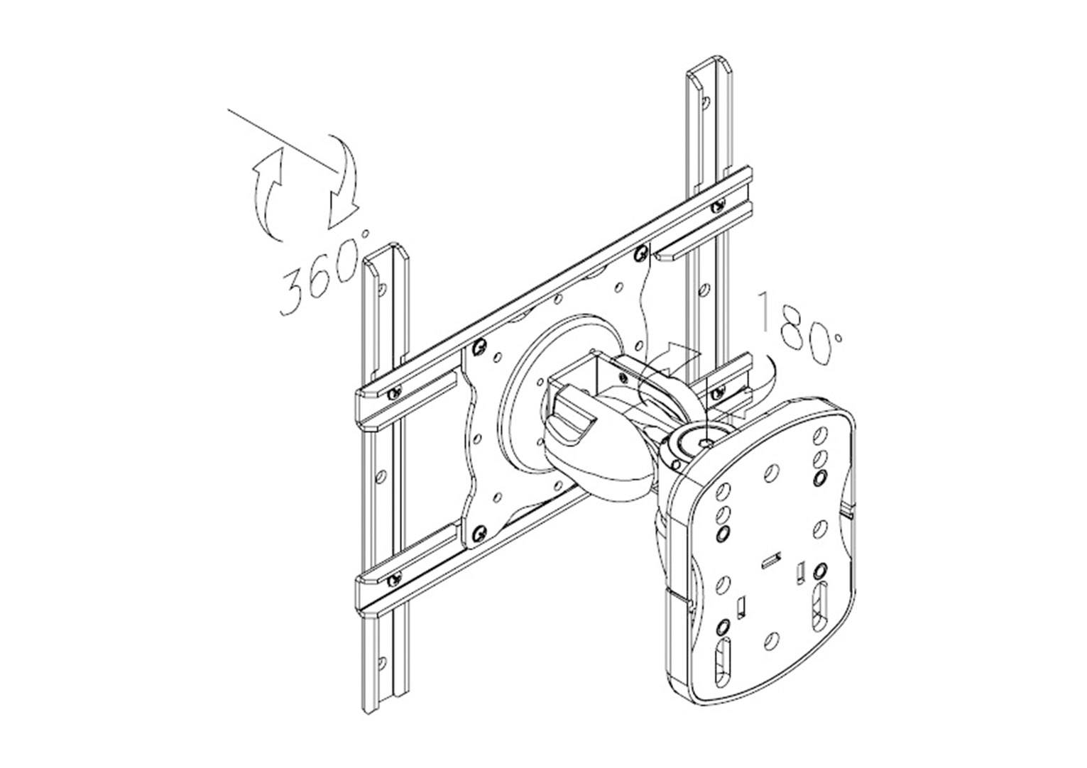 Diagramm einer TV-Wandhalterung mit Schwenk- und Neigungsfunktion, zeigt 360-Grad-Drehung und 180-Grad-Neigungsmöglichkeiten.
