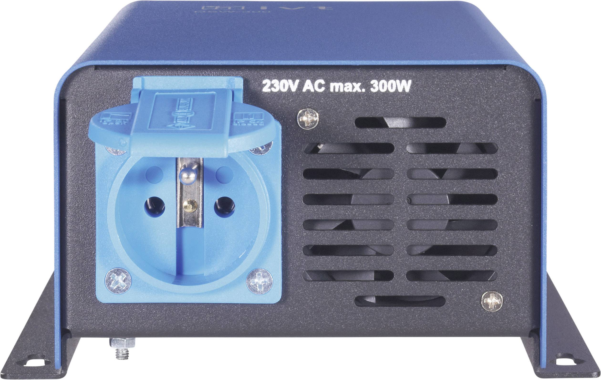 Ein blauer 230V AC Wechselrichter mit einer max. Leistung von 300W. Zeigt eine Steckdose und Lüftungsschlitze auf der Vorderseite.