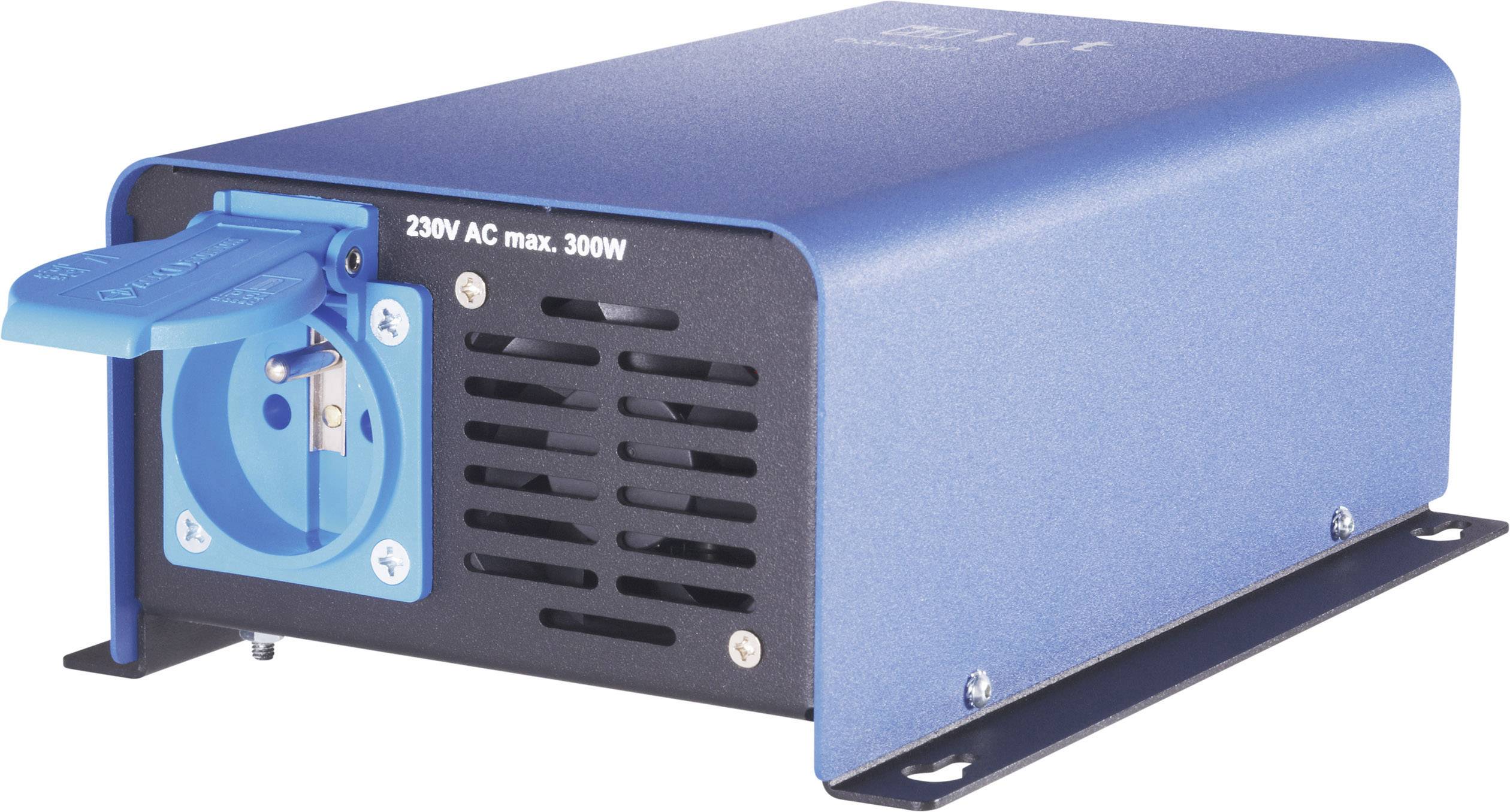 Ein blauer Wechselrichter mit einer blauen Steckdose und der Aufschrift '230V AC max. 300W'. Gerät zum Umwandeln von Spannung.