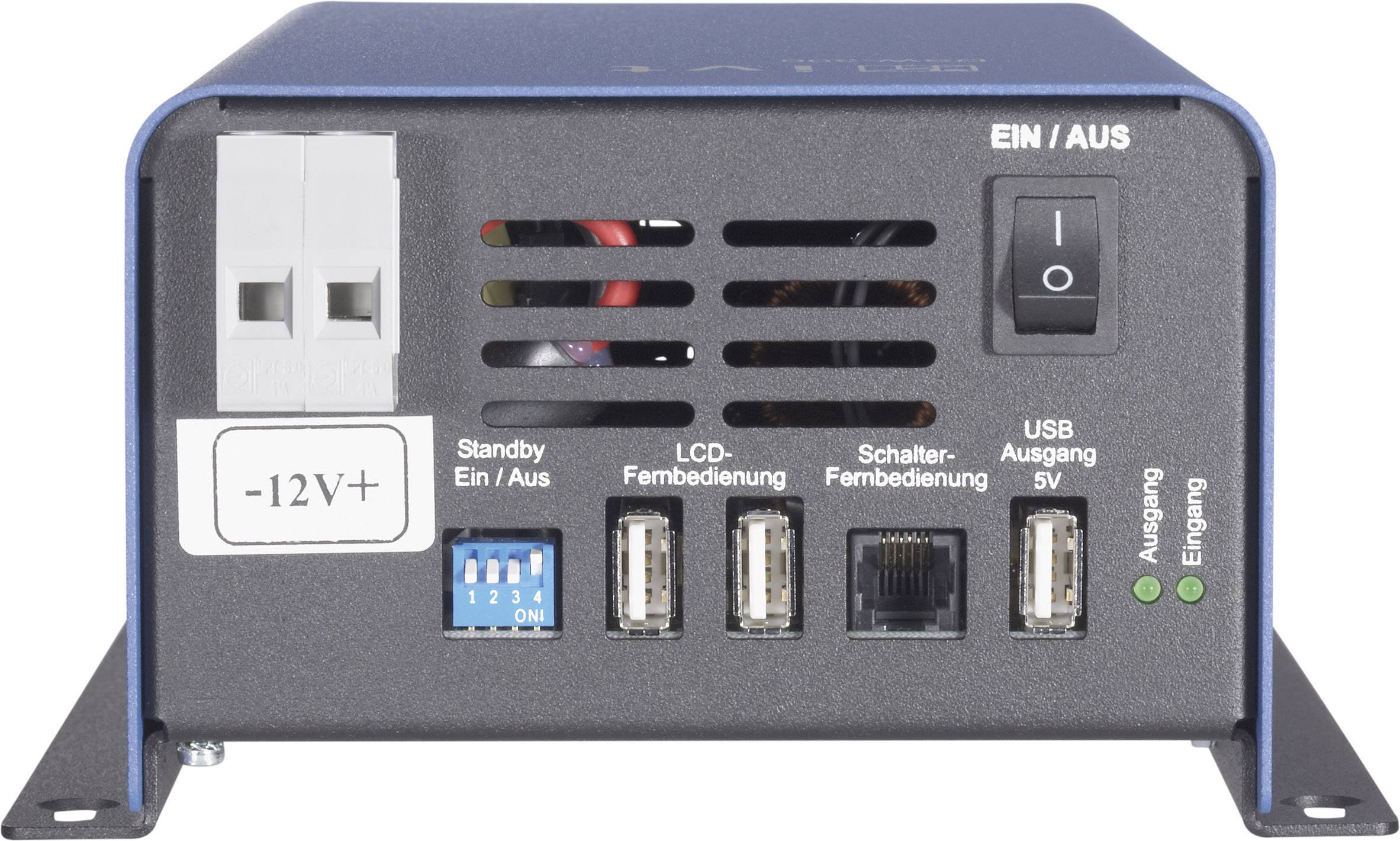 Eine schwarze elektronische Steuerbox mit Schalter für 'Ein/Aus', mehreren USB-Anschlüssen und einem Eingang für -12V Stromversorgung.