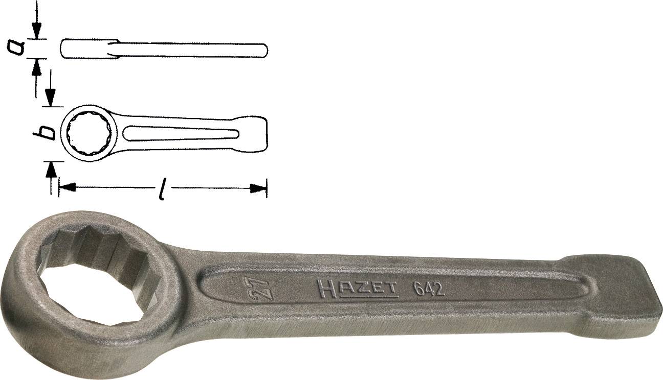 Abgebildet ist ein Ringschlüssel mit technischer Zeichnung und Maßangaben. Der Schlüssel hat ein achteckiges Endstück mit Rillen.