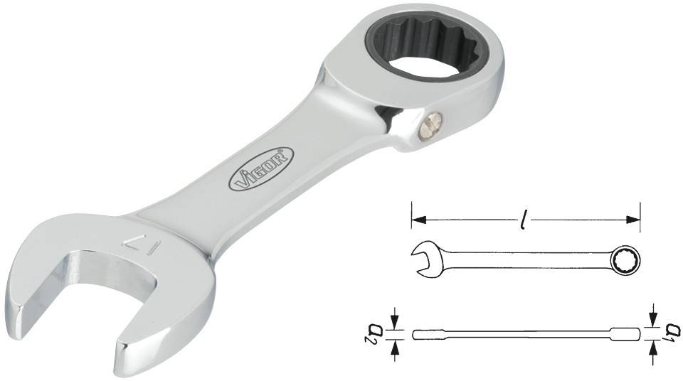 Ein verchromter Ringmaulschlüssel mit einem Ratschengelenk. Rechts daneben eine technische Zeichnung mit Maßen D1, D2 und L.
