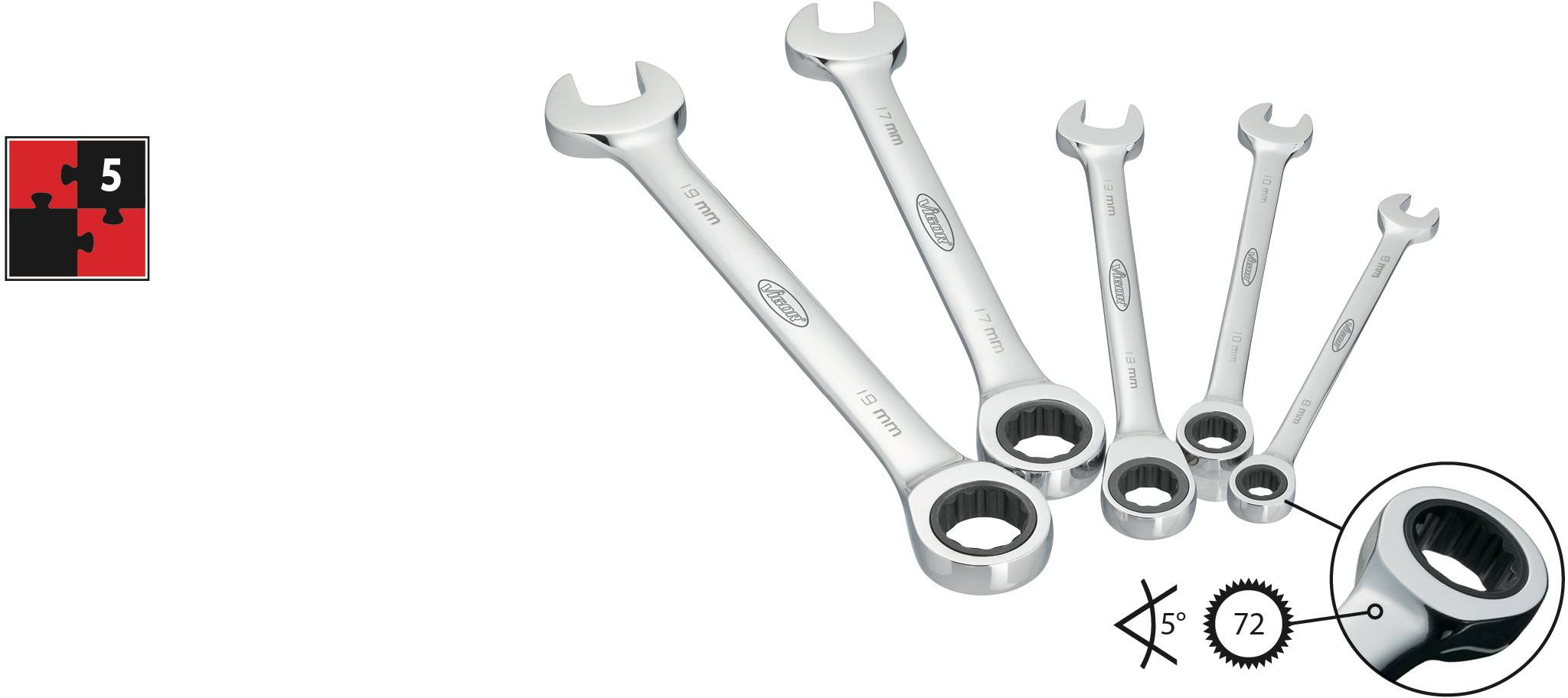 Vigor V2820 Knarren-Ring-Maulschlüssel-Satz 5teilig Schlüsselweite (Metrisch) 8 - 19mm