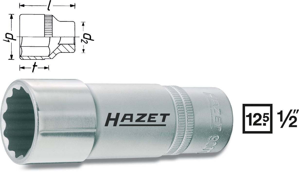 Hazet Stecknuss 12,5 mm (1/2 Zoll) mit technischer Zeichnung oben links; Hauptmerkmal ist ein gerändelter Greifring für besseren Halt.