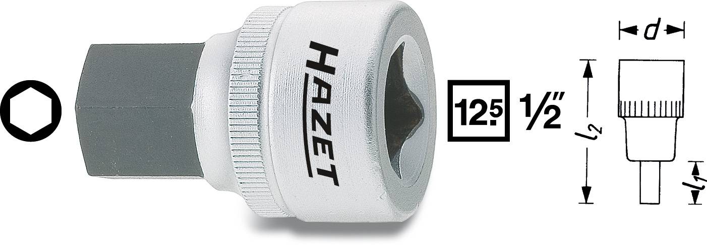 'HAZET' 125, Sechskant-Stecknuss, Größe 1/2 Zoll, technische Zeichnung mit Maßen.