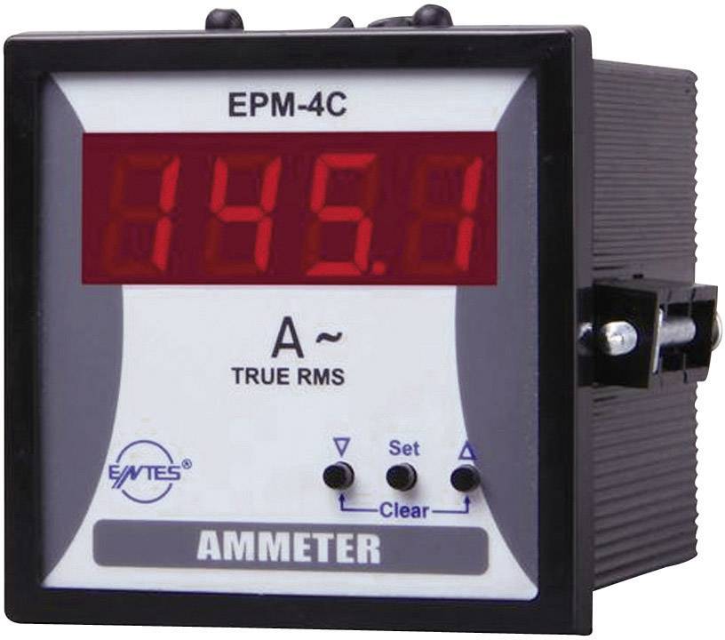 Digitales Amperemeter, Modell EPM-4C, zeigt '145,1 A' an. Schwarzes Gehäuse mit roten LED-Anzeigen und zwei Tasten für Einstellungen.