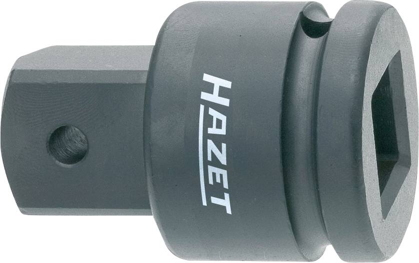 Adapter in zylindrischer Form, Stahl, mit Aufschrift 'Hazet'. Verbindet verschiedene Werkzeuge, zeigt eine quadratische Öffnung.