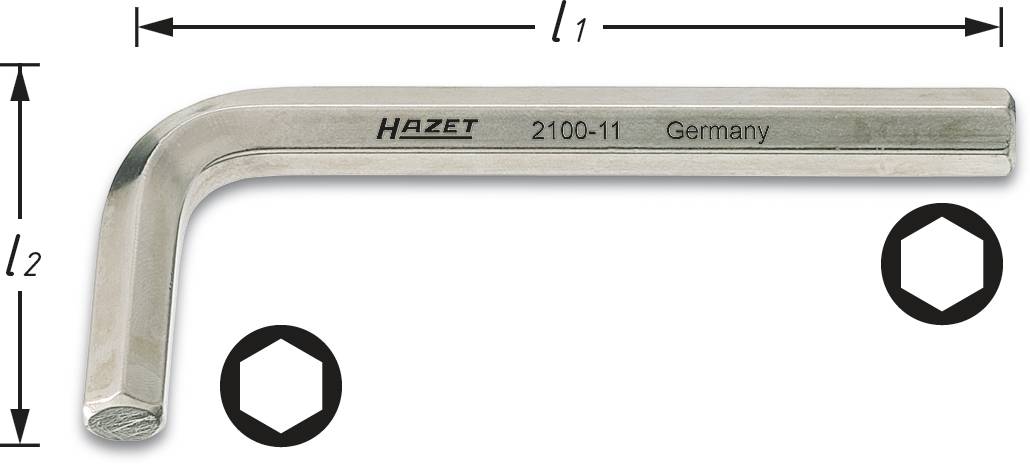 Winkelschlüssel aus Metall mit Sechskantkopf, Marke 'Hazet', liegt auf einer Skala mit Maßangaben für Länge l1 und l2.