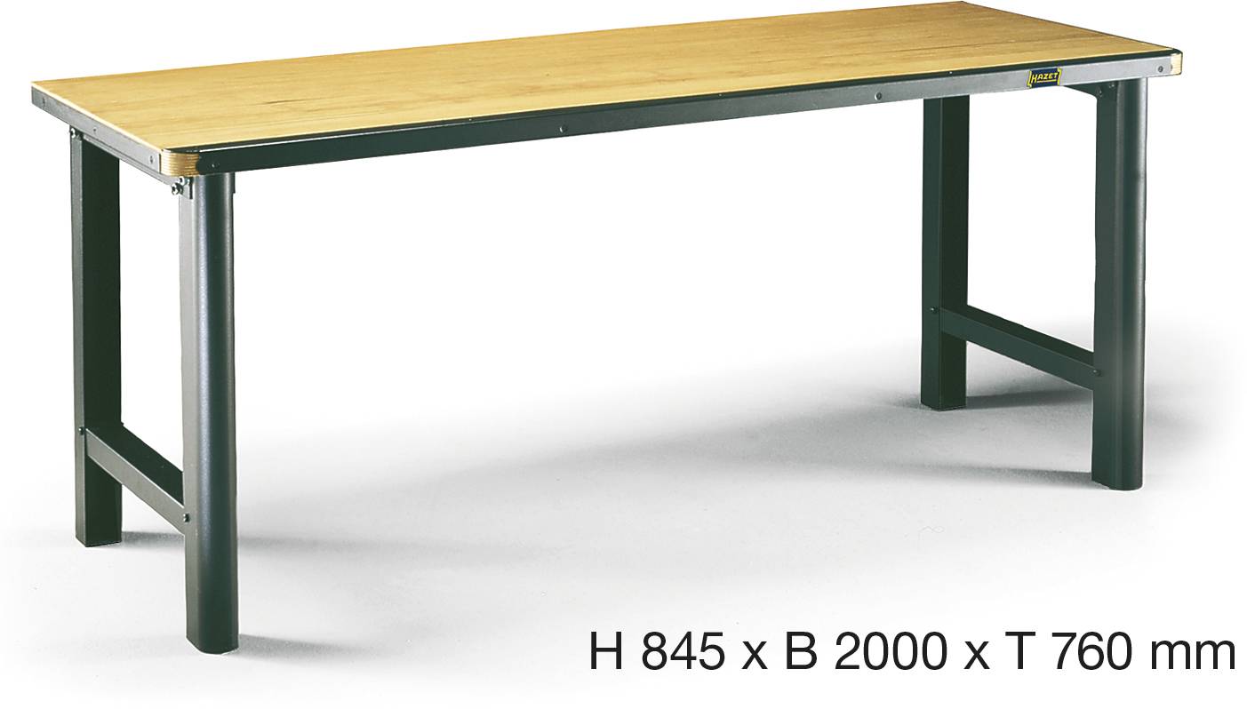 Werkbank mit Stahlrahmen und Holzplatte, Höhe 845 mm, Breite 2000 mm, Tiefe 760 mm.