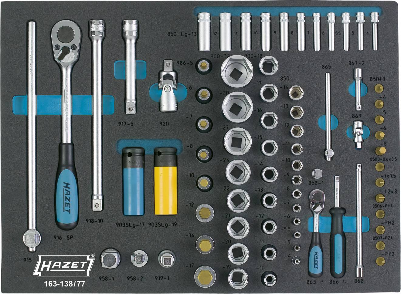 Hazet Steckschlüsselsatz metrisch 1/4" (6.3 mm), 1/2" (12.5 mm) 77teilig 163-138/77