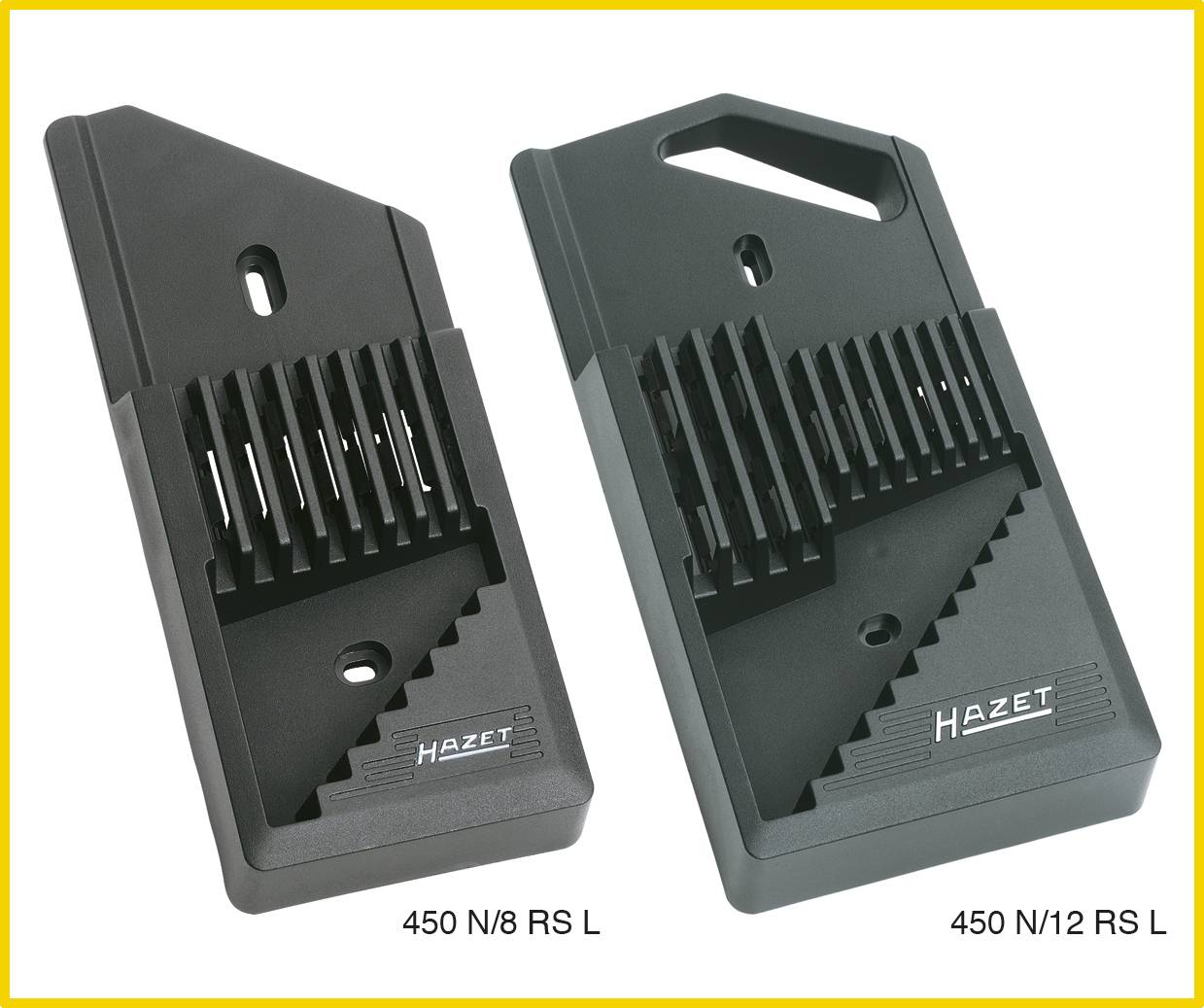Zwei schwarze Ablagesysteme für Steckschlüssel von Hazet, links 450 N/8 RS L, rechts 450 N/12 RS L, jeweils mit aufsteigender Rillenstruktur.