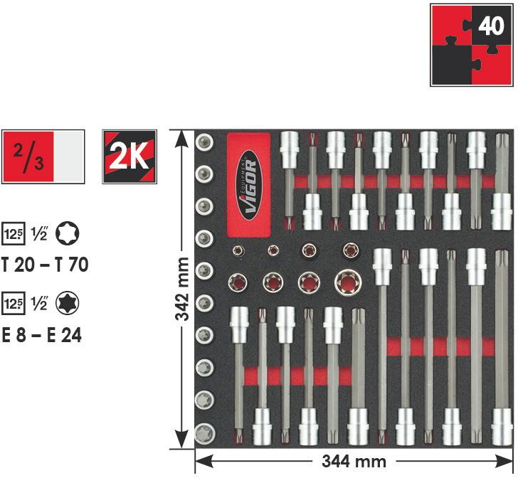 Vigor V2033 Innen-TORX Steckschlüssel-Bit-Einsatz-Set 40teilig 1/2" (12.5 mm)