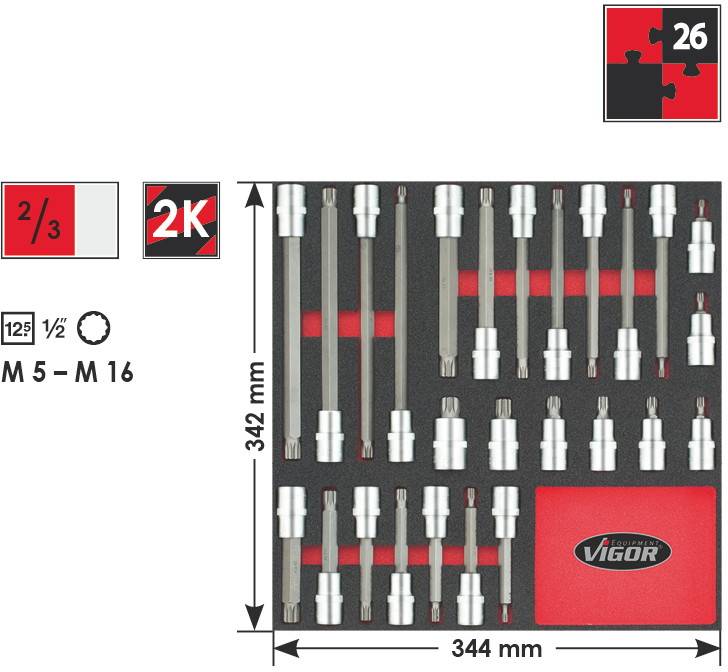 Vigor V2032 Innen-Vielzahn (XZN) Steckschlüssel-Bit-Einsatz-Set 26teilig 1/2" (12.5 mm)