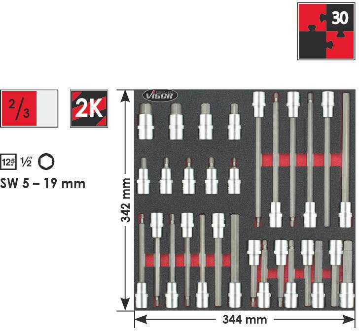 Vigor V2022 Innen-Sechskant Steckschlüssel-Bit-Einsatz-Set 30teilig 1/2" (12.5 mm)