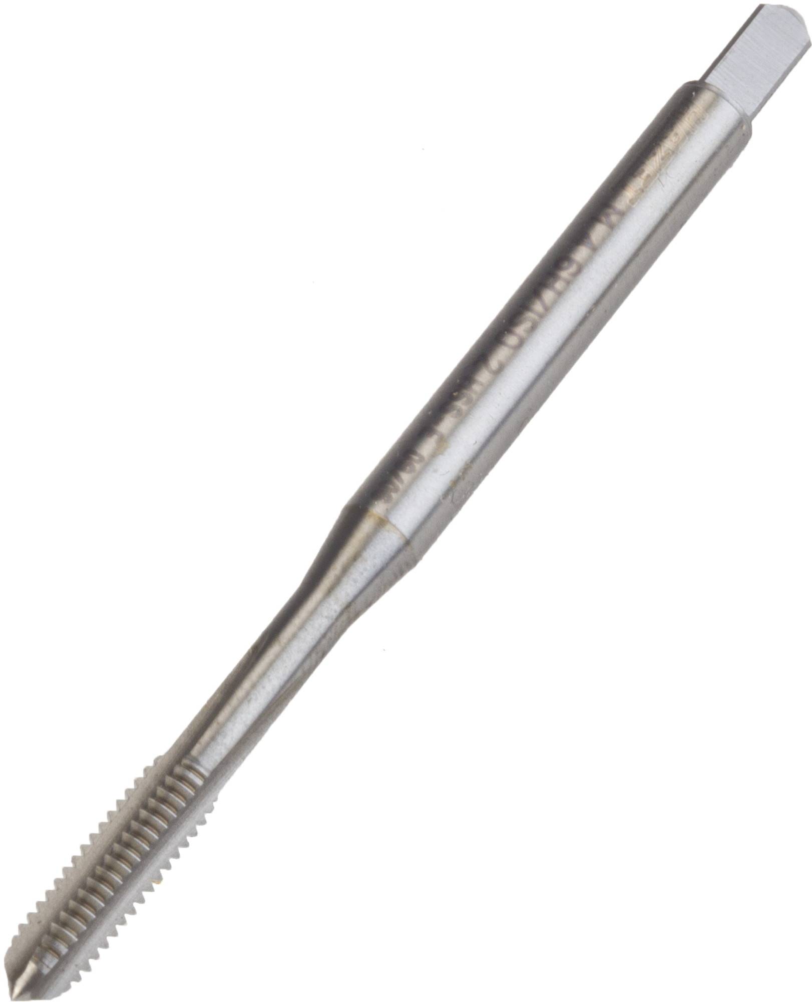 Ein Metallgewindebohrer aus Stahl, schlank und zylindrisch geformt, wird zum Erstellen von Innengewinden in Werkstücken verwendet.