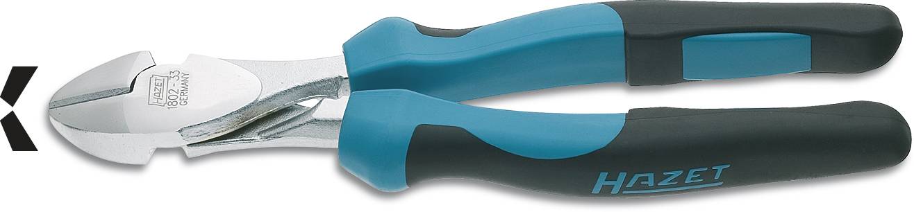 Ein diagonal blauer Seitenschneider mit schwarzem Griff, Markierung 'Hazet'. Geeignet zum Schneiden von Drähten und dünnem Metall.