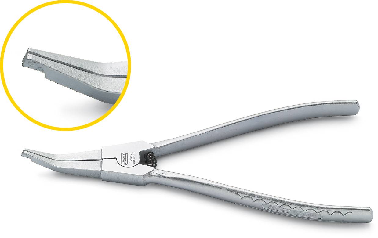 Flache Zange mit besonderer Greiffläche zur präzisen Handhabung von kleinen Objekten. Detailansicht zeigt die Spitzenform.
