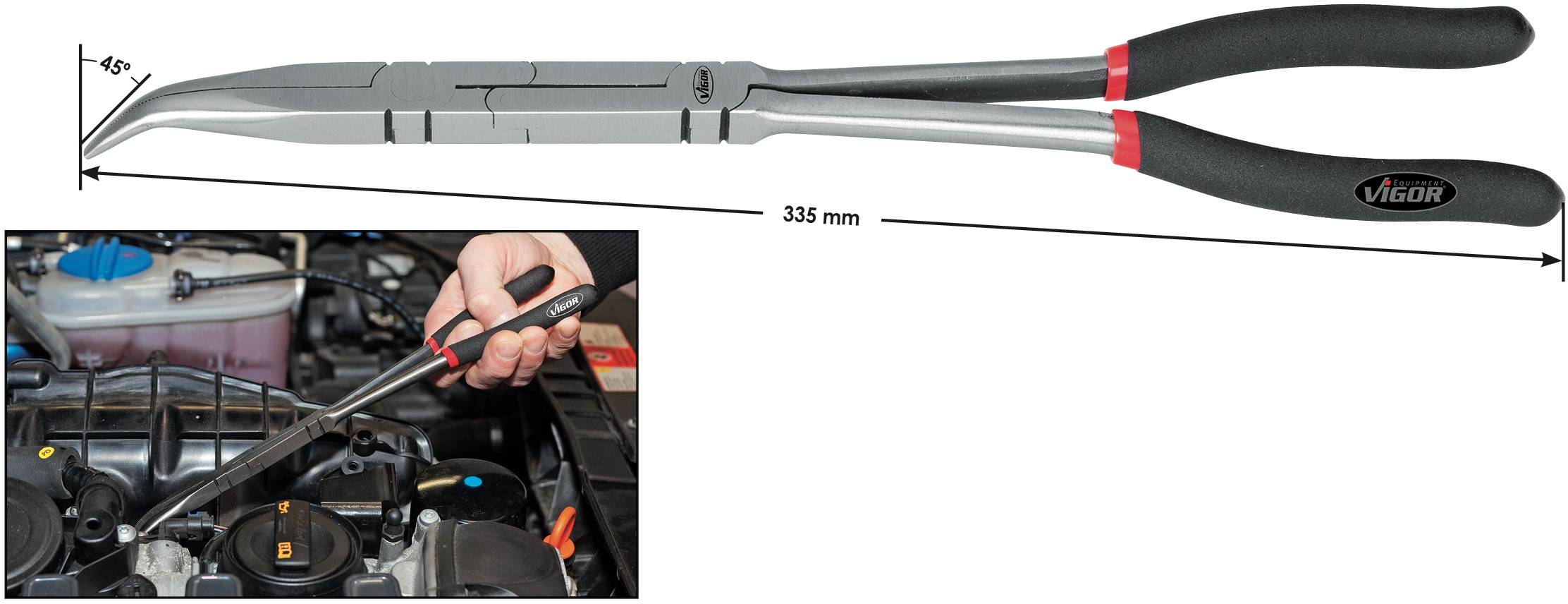 Lange, gebogene Zange mit einer Länge von 335 mm. Bild zeigt Zange im Einsatz bei der Wartung eines Auto-Motors, Marke Vigor.